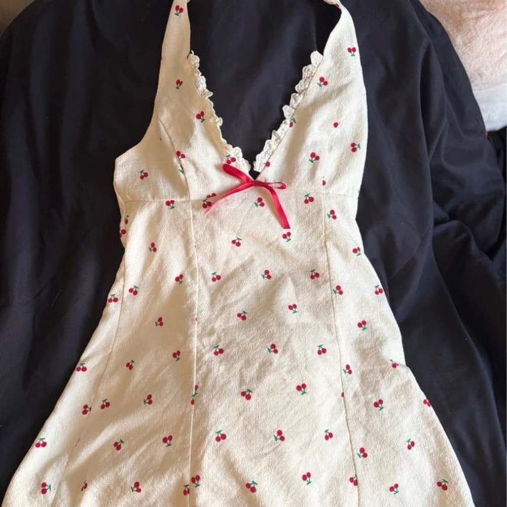 Charming Cream Cherry Print Halter Chemise